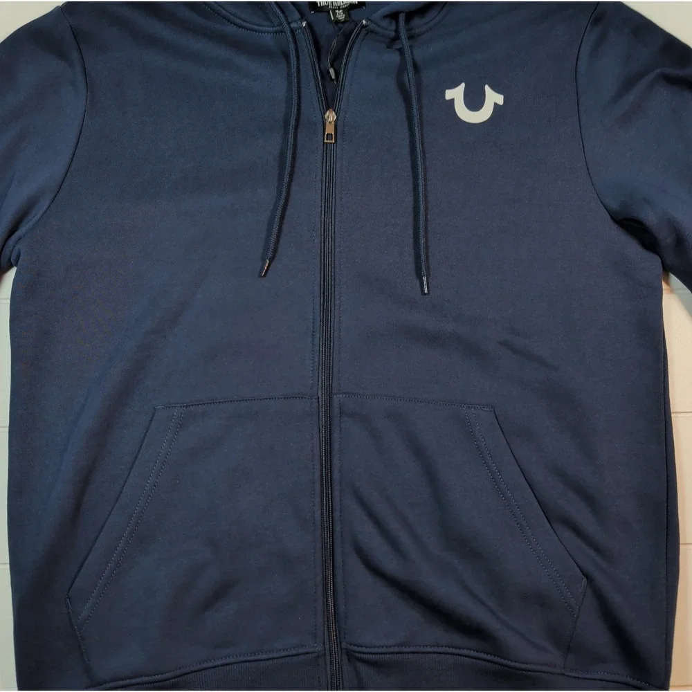 True Religion Zip Hoodie Mens Large Navy Blue Buddha Graphic Logo 106659